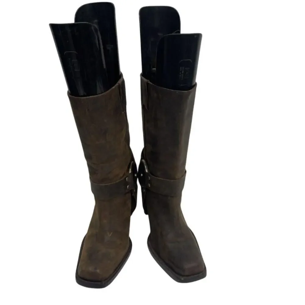 Brown Leather Harness Heeled Western Boots 7.5